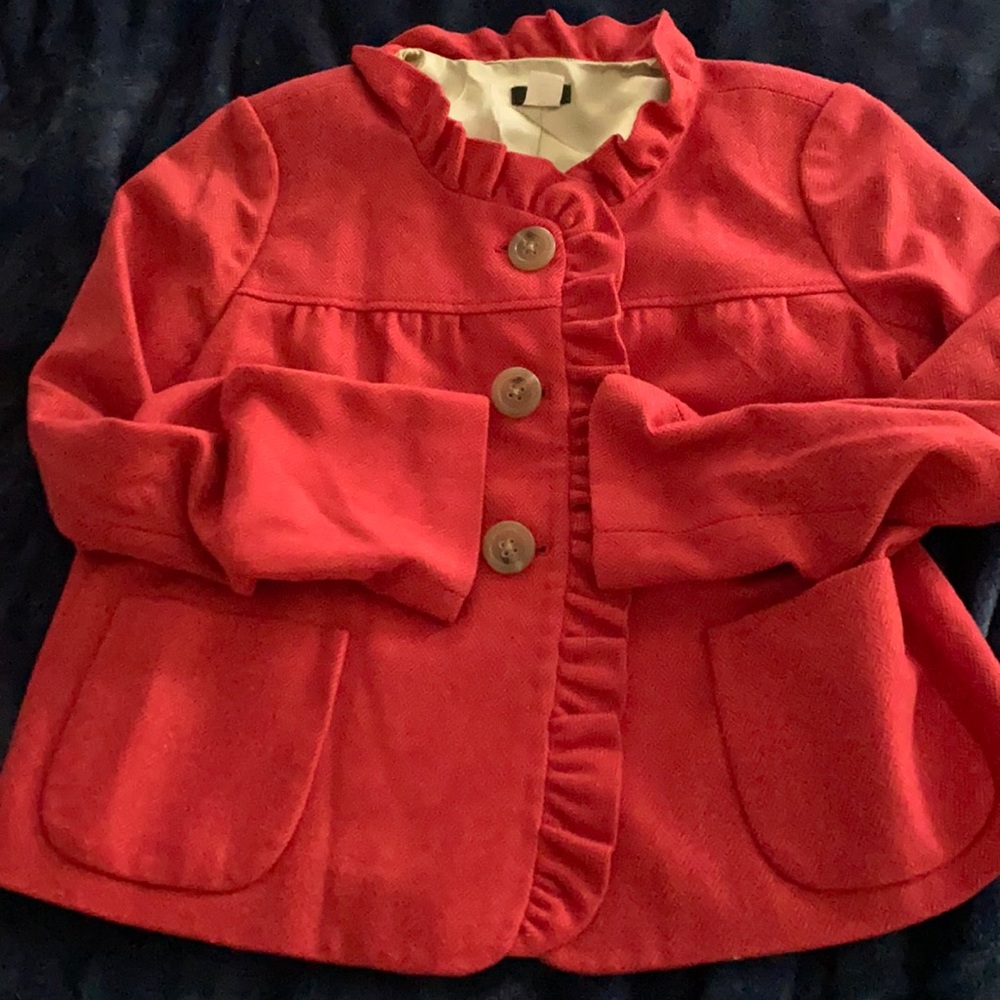 J.Crew jacket. Fun color and pattern with ruffled collar.